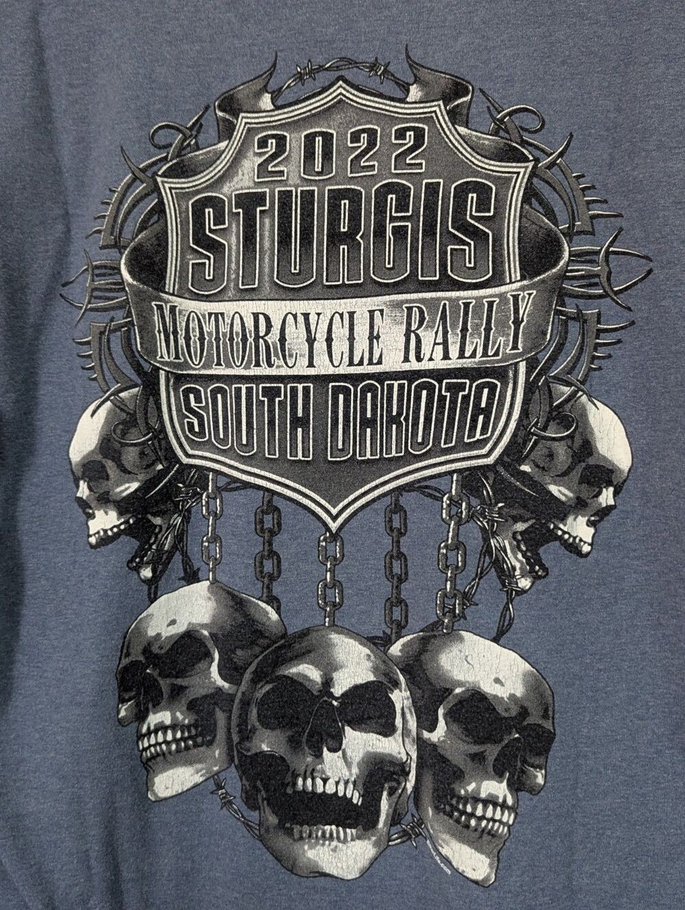2022 Sturgis Tee Medium Blue Motorcycle Rally South Dakota Skulls Chains Biker